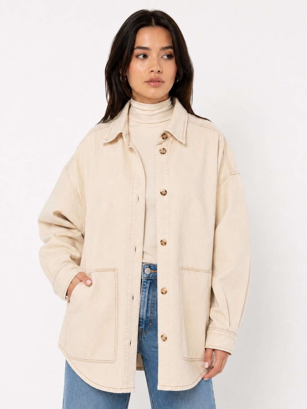 Oak + Fort Oversized Denim Shacket Jacket Cream Beige Utility XS